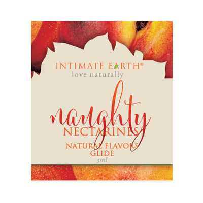 Intimate Earth Naughty Nectarines natural flavors glide label with nectarine fruit background and elegant typography.