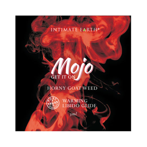 Mojo Horny Goat Weed warming libido glide sachet with red smoke design and vegan label on black background