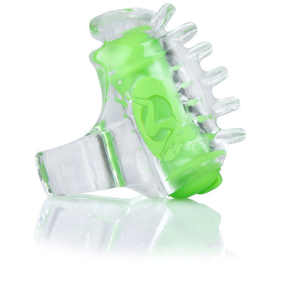 Compact clear and green fingertip vibrator with textured nodules and stretchy strap for targeted stimulation.