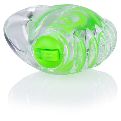 Compact clear and green fingertip vibrator with textured grip and power switch, designed for targeted stimulation.