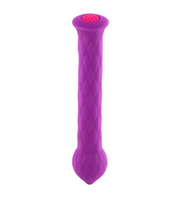 Purple textured silicone wand with rounded tip and single pink button on top for control.
