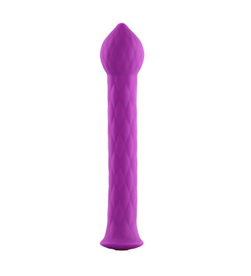 Purple textured silicone wand with pointed tip and flared base for targeted stimulation.