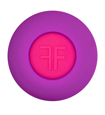 Top view of Femme Funn Diamond Wand showing purple body with pink circular button featuring embossed logo.
