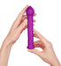 Hands holding a purple textured silicone wand with a pointed tip and flared base.