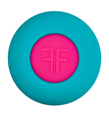 Top view of Femme Funn Diamond Wand in teal with a pink center button featuring the FF logo.