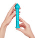 Hands holding a textured turquoise silicone wand with a pointed tip designed for targeted stimulation.