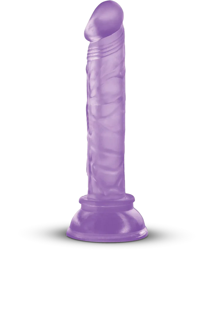Purple 8-inch jelly textured dong with suction base for hands-free use.
