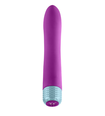 Purple silicone flexible bullet vibrator with textured silver base and control buttons.