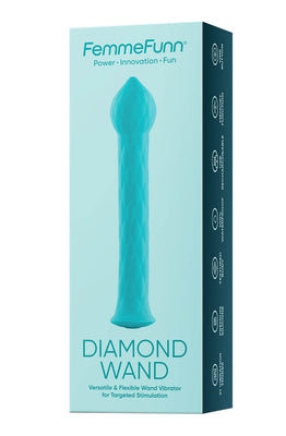 Packaging of Femme Funn Diamond Wand in turquoise with product image and key features listed on the side.