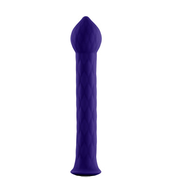 Purple textured silicone wand with pointed tip and flared base for targeted stimulation.