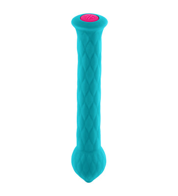 Turquoise textured silicone wand with pink button, designed for targeted stimulation and ergonomic grip.