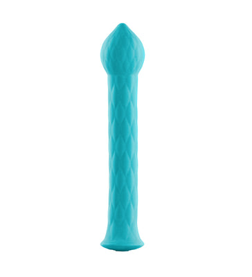 Blue textured silicone wand with pointed tip for targeted stimulation, designed for versatile and luxurious pleasure.