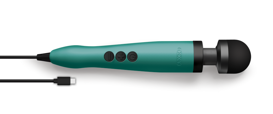 Doxy USB-C Wand massager in turquoise with black silicone head and control buttons, featuring a USB-C charging cable.