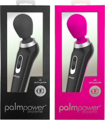 Palm Power Extreme Body Massager in black and fuchsia with ergonomic handle and USB rechargeable feature in retail packaging.
