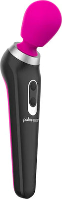 Palm Power Extreme Body Massager in black and fuchsia with ergonomic handle and detachable silicone head.