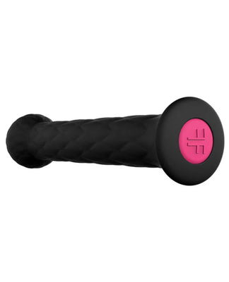 Black textured silicone wand with a rounded base featuring a pink button control.