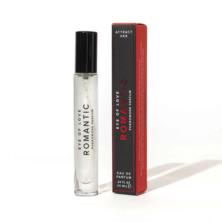 Eye of Love Romantic pheromone perfume 10ml clear spray bottle with black cap and red-black packaging box.
