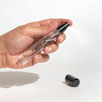 Hand holding a clear 10ml Eye of Love Romantic pheromone perfume spray bottle with black cap removed on white background.