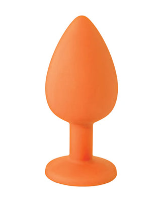 Orange silicone butt plug with tapered shape and flared base for safe, comfortable use.