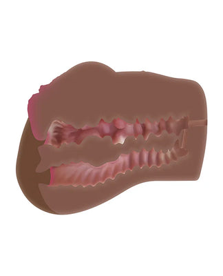 Cross-section view of a dual-entry realistic stroker showing textured internal canals in dark skin tone.