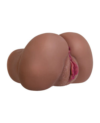Realistic double-entry adult stroker with lifelike dark skin tone and detailed vaginal and anal openings.