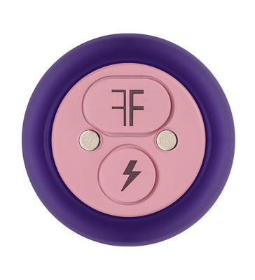 Top view of the Femme Funn Booster Bullet in purple showing pink control panel with logo and power button.