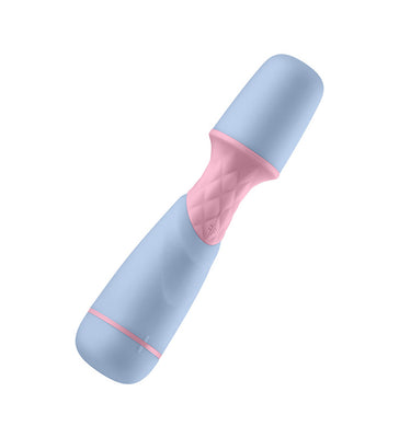 Compact Femme Funn Ffix Mini Wand vibrator in pastel blue with textured pink grip, designed for versatile pleasure.