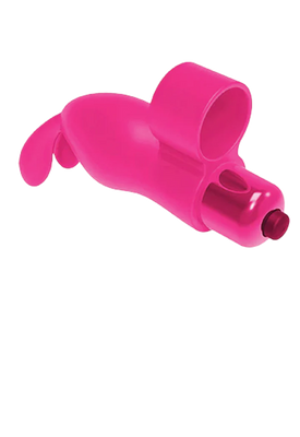 Pink silicone finger vibrator shaped like a bunny with flexible ears and a bullet vibrator insert.
