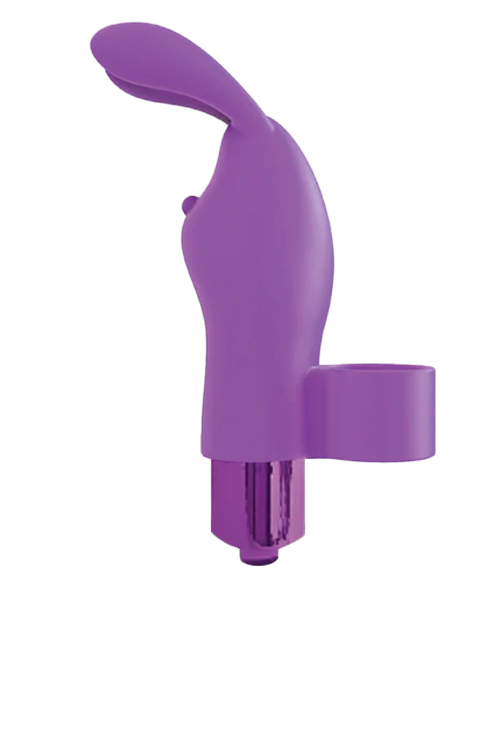Purple silicone finger vibrator with bunny ear design and adjustable finger loop for targeted stimulation.