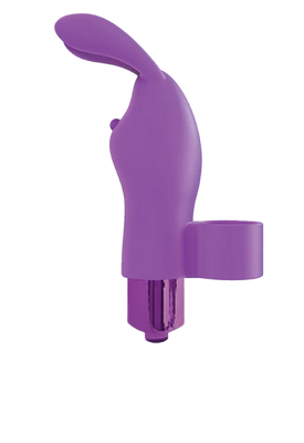 Purple silicone finger vibrator with bunny ear design and adjustable finger loop for targeted stimulation.