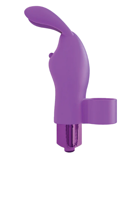 Purple silicone finger vibrator with bunny ear design and adjustable finger loop for targeted stimulation.
