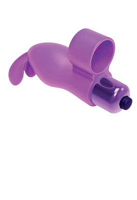 Purple silicone finger vibrator with bunny ears and a loop for fingertip placement.