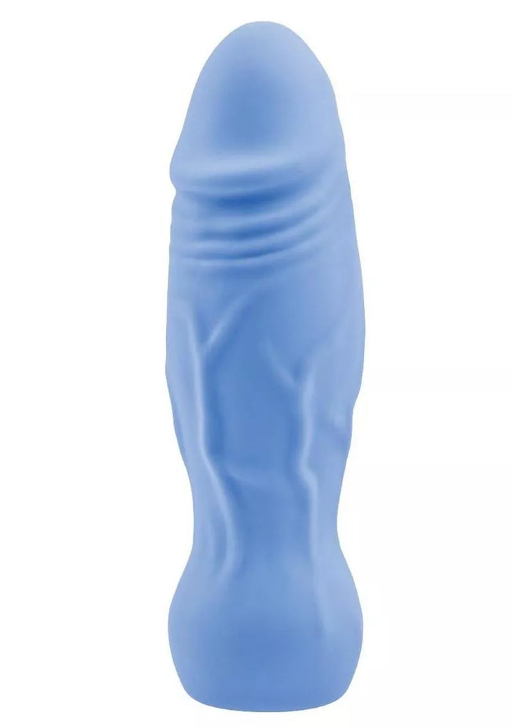Blue silicone realistic textured vibrator with a rounded tip and flexible design.