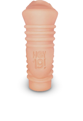 Compact flesh-toned vibrating stroker with textured grip and Hey 19! logo embossed on the side