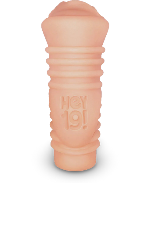 Compact flesh-toned vibrating stroker with textured grip and Hey 19! logo embossed on the side