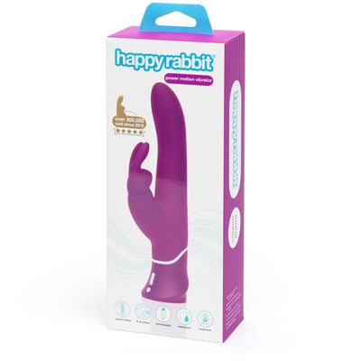 Packaging box of Happy Rabbit Power Motion purple vibrator with product image and key feature icons.
