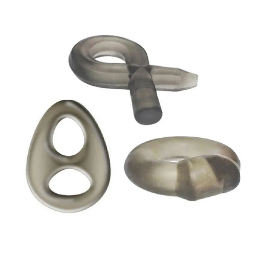 Set of three smoky gray stretchy Phat Rings in unique shapes designed for comfort and enhanced performance.