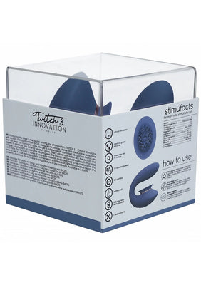 Twitch 3 rechargeable silicone vibrator and suction device in blue, displayed in clear and white retail packaging.
