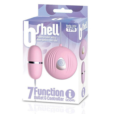 Packaging of the 9's b-Shell Bullet Vibe showing a pink bullet vibrator and shell-shaped remote control with single button.