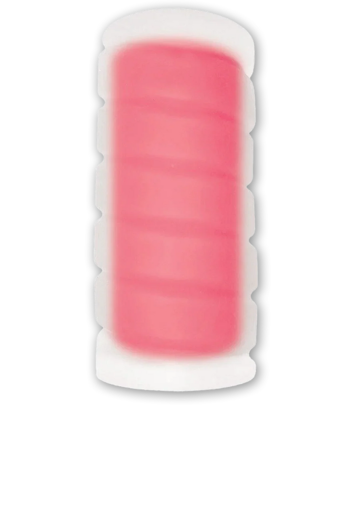 Clear and cherry-red textured male stroker with ergonomic grip and flexible design for enhanced sensation.