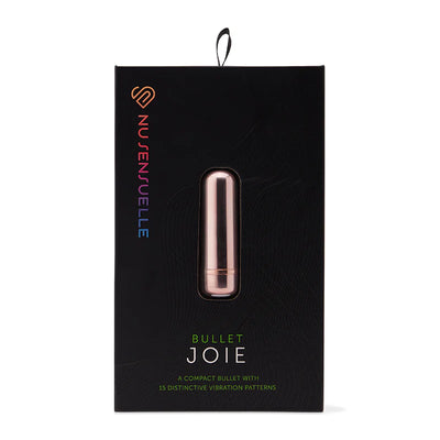 Nu Sensuelle Joie Bullet vibrator in sleek rose gold displayed in black packaging with colorful logo and product details.