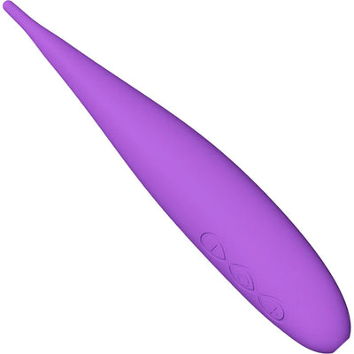 Purple compact clitoral stimulator with a slim, tapered tip and three control buttons on the side.