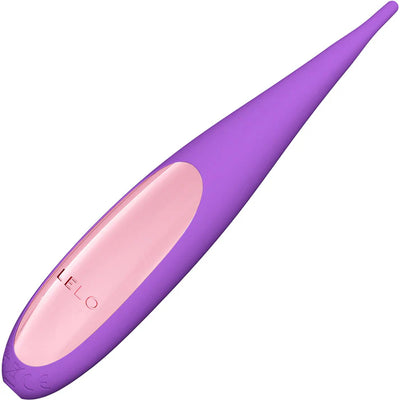 Compact purple and pink Lelo Dot Travel clitoral stimulator with a sleek, tapered design and soft silicone tip.