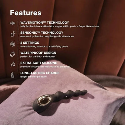 Black Lelo Soraya Anal Beads with flexible, sculpted design resting on a soft purple cushion, highlighting key features.