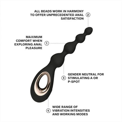 Black Lelo Soraya anal beads with ergonomic handle and labeled features for comfort, stimulation, and vibration modes.
