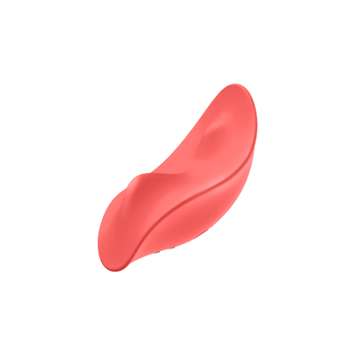 Sleek coral-colored remote-controlled panty vibrator with smooth, ergonomic design for discreet pleasure.