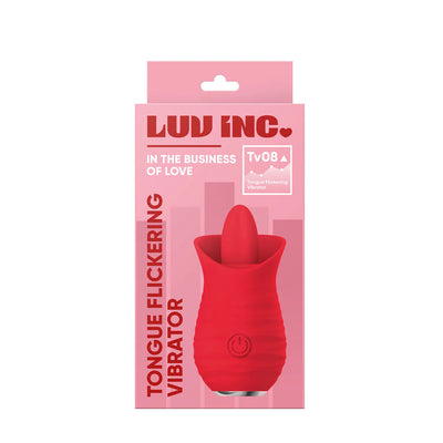Red silicone tongue flickering vibrator in pink Luv Inc branded packaging with power button visible.