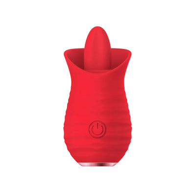 Compact red silicone vibrator with tongue-like flickering tip and power button on textured body.