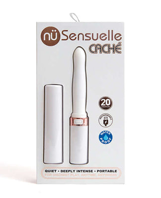 Nu Sensuelle Cache rechargeable vibrator with cap in white packaging highlighting 20 functions and waterproof features.
