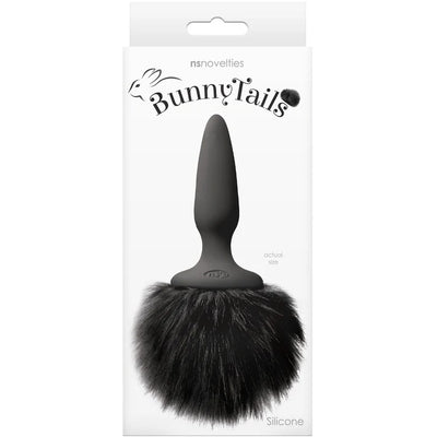 Black silicone butt plug with a large fluffy black faux fur bunny tail in retail packaging.